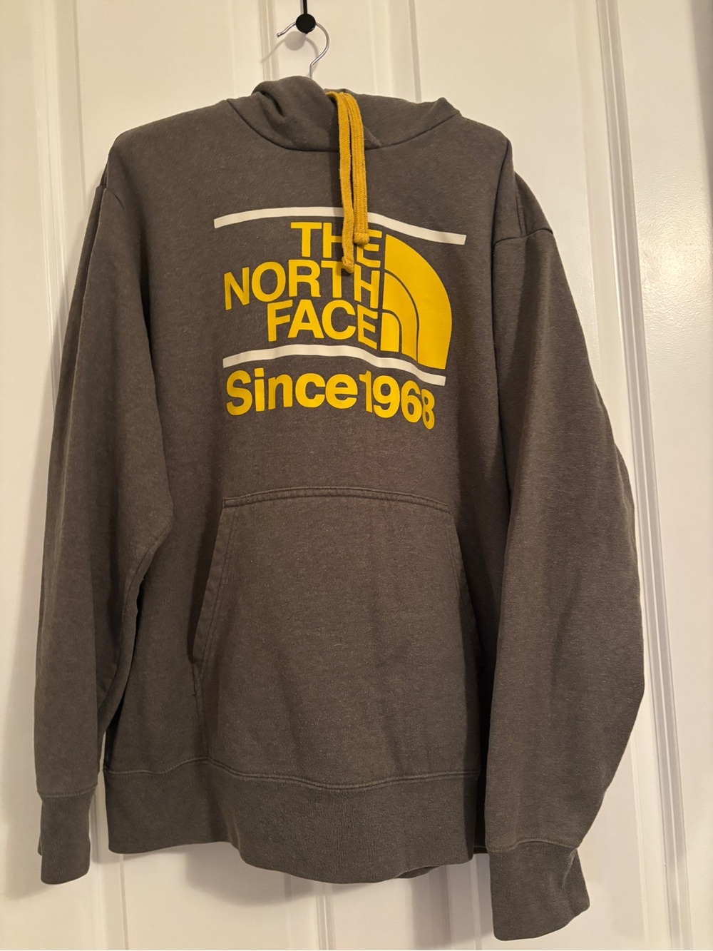 The North Face Brown Pullover Hoodie with Yellow Logo and Drawcord. Size XL